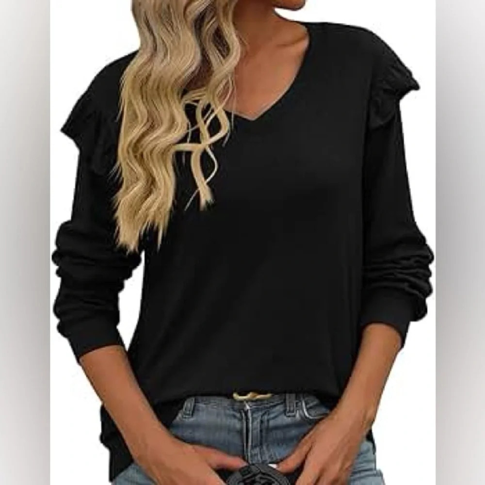 Calvin Klein Black Long Sleeve V-Neck Ruffle Sweater Women’s Size XL